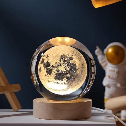 One94Store 3D Engraved Deer Crystal Globe Lamp | USB LED Night Light with Wooden Base | Creative 6 cm Crystal Ball Table Lamp for Bedroom, Home, Office Décor & Gifting (Warm White)