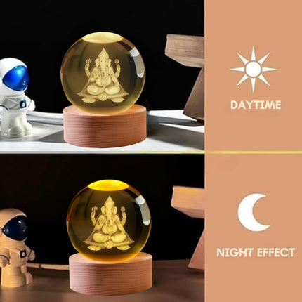 One94Store 3D Engraved Deer Crystal Globe Lamp | USB LED Night Light with Wooden Base | Creative 6 cm Crystal Ball Table Lamp for Bedroom, Home, Office Décor & Gifting (Warm White)