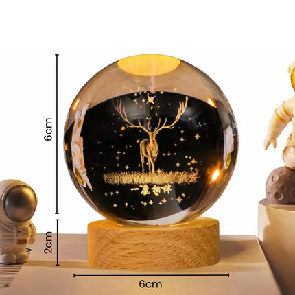 One94Store 3D Engraved Deer Crystal Globe Lamp | USB LED Night Light with Wooden Base | Creative 6 cm Crystal Ball Table Lamp for Bedroom, Home, Office Décor & Gifting (Warm White)