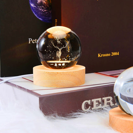 One94Store 3D Engraved Deer Crystal Globe Lamp | USB LED Night Light with Wooden Base | Creative 6 cm Crystal Ball Table Lamp for Bedroom, Home, Office Décor & Gifting (Warm White)
