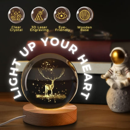 One94Store 3D Engraved Deer Crystal Globe Lamp | USB LED Night Light with Wooden Base | Creative 6 cm Crystal Ball Table Lamp for Bedroom, Home, Office Décor & Gifting (Warm White)
