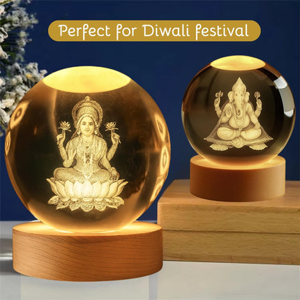 One94Store 3D Engraved Deer Crystal Globe Lamp | USB LED Night Light with Wooden Base | Creative 6 cm Crystal Ball Table Lamp for Bedroom, Home, Office Décor & Gifting (Warm White)